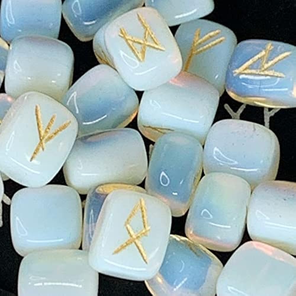 Set of 25 runes engraved on Obsidian Opal (Opalite), Comes with a pouch with runes, For rune fortune telling, Includes Japanese explanation booklet.
