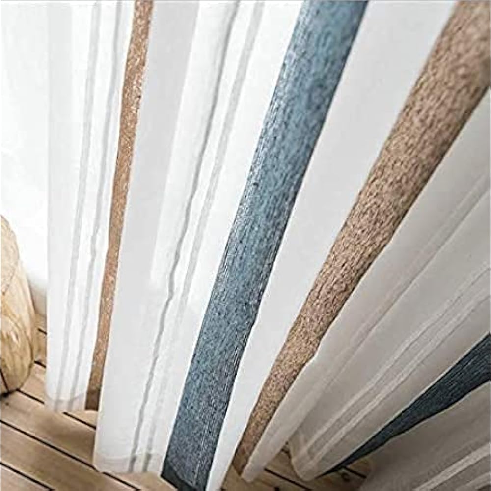 Ponoa Luxury Embroidered Striped Lace Curtain, Hard to See, Comes with Adjuster Hook, Fashionable, Stylish Voile Curtain, Blue, Beige (Width 150cm, 2 pieces included, Width 150cm x Length 110cm)