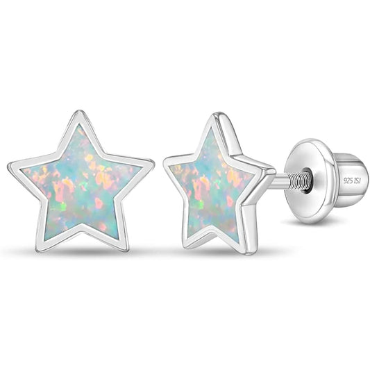 925 Sterling Silver Simulated Opal Star Screw Back Earrings for Little Girls, Preteens, Teens 8mm White Star Earrings for Girls Sparkly Earrings for Young Girls Special Occasion, Sterling Silver