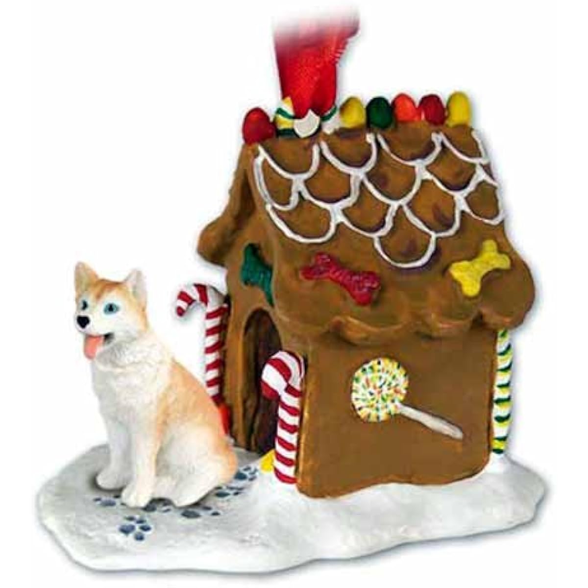 Siberian Husky Gingerbread House Christmas Ornament Red-White Blue Eyes - Delightful!