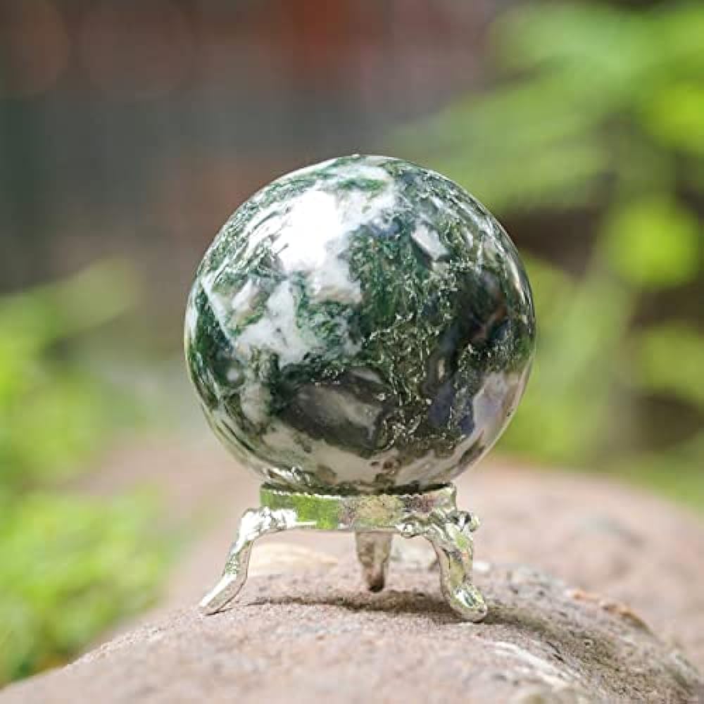 Crocon Tree Agate Crystal Sphere and Metal Stand Gemstone Sphere Healing Ball Sculpture Feng Shui Fortune Telling Figurine Home Decor Size: 45-55 mm