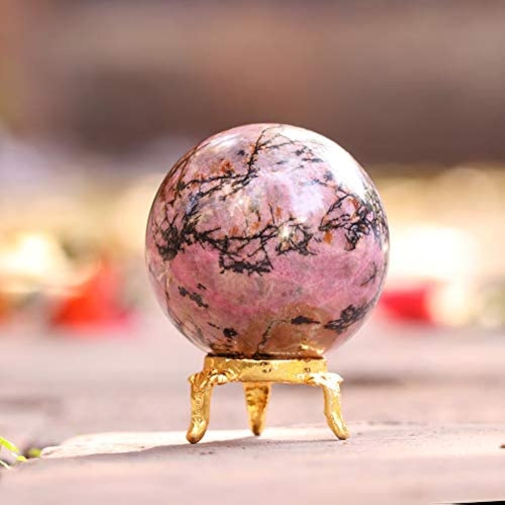 Crocon Rhodonite Stone Ball Gemstone Ball Healing Stone Sphere with Metal Stand Sculpture Feng Shui Figurine Meditation Divination Home Decoration Photo Crystal Sphere Size: 40-50 mm