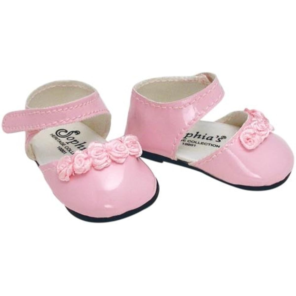 Doll Dress Shoes in Pink fits American Girl Dolls, 18 Inch Doll Shoes in Pink Patent Leather with Ankle Straps and Rose