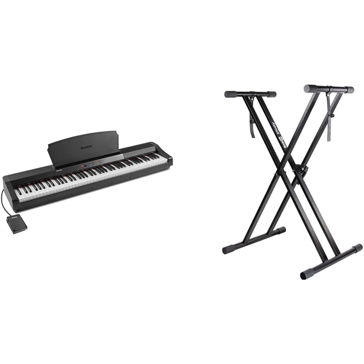 [Set Purchase] Alesis Digital Piano 88 Keys Full Size Graded Hammer Action Keyboard 16 Built-in Sounds/Speaker/Sustain Pedal and Music Stand Included Recital Grand Black & RockJam Xfinity Keyboard Stand RJXX363-MC