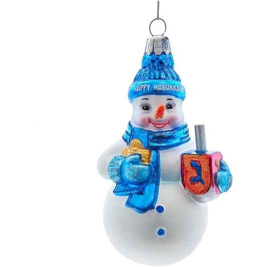 The Bridge Collection Happy Hanukkah Snowman Ornament - Sparkling Festive Snowman Ornament Holiday Decor - Glass Jewish Snowman Hanukkah Ornament