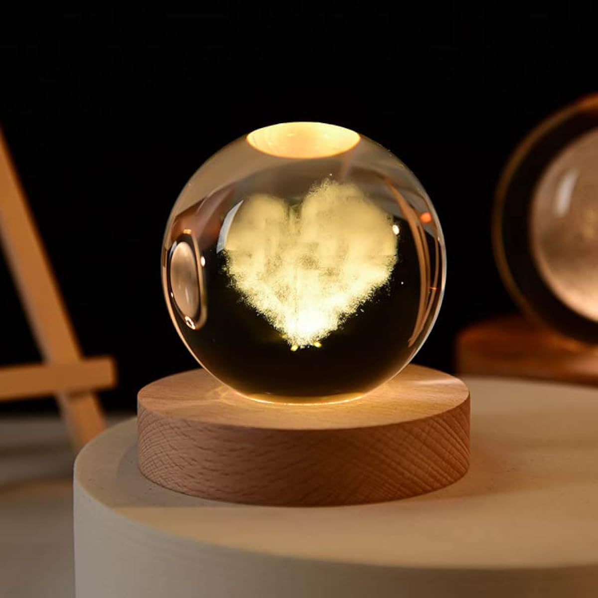 Gresonic Luminous Crystal Ball 3D Inner Carving Small Crystal Ball Light with Wooden Base Decorative Creative Gifts Luminous Crystal Ball Christmas Classmates Kids Girls Birthday (Heart)