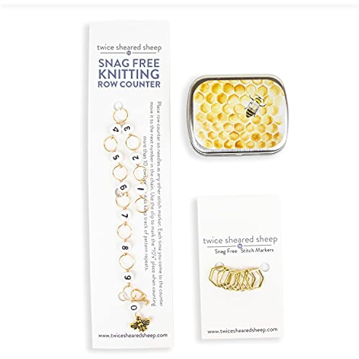 Twice Sheared Sheep Bee Knitting Gift Set - Knitting Notion Kit & Tools - Row Counter for Knitting and Knitting Stitch Marker + Storage Tin (L (Max 6.5mm / US 10.5))