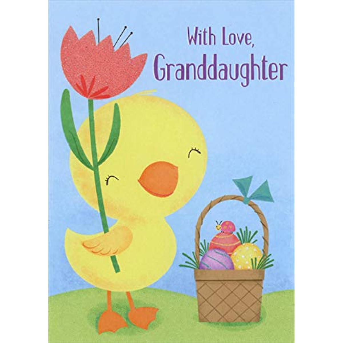 Designer Greetings Big Smiling Yellow Chick Holding Pink Tulips : Easter Basket Boy Easter Card for Young Granddaughter