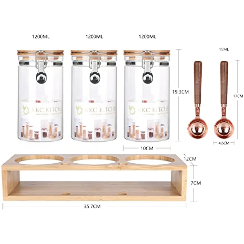 Ken's Kitchen Coffee Bean Storage Container Glass Canister with Lid and Spoon Coffee Beans, Coffee Ground, Nuts, Snacks, Tea, Sweets, Salt, Sugar, Pepper, Pepper, Spices, 1200ML, Set of 3