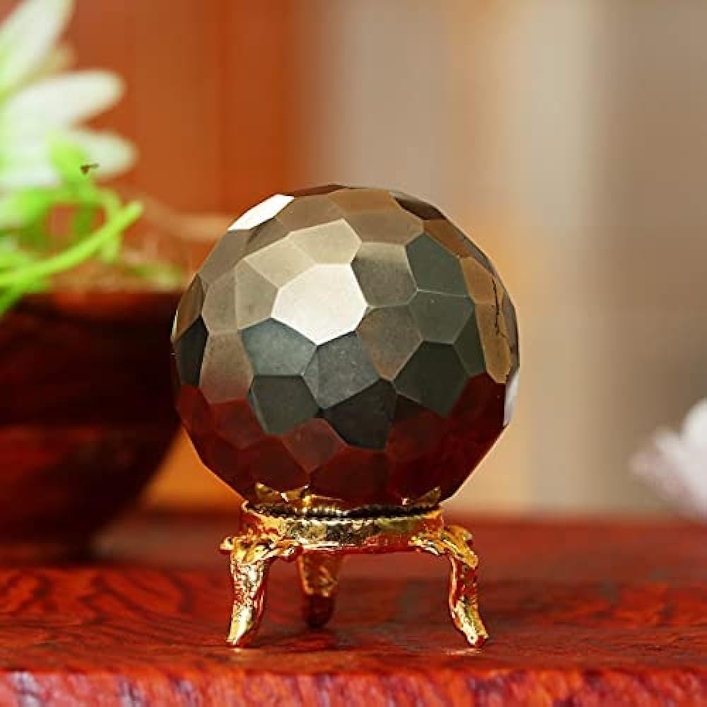 Crocon Golden Pyrite Diamond Cut Crystal Ball with Metal Stand | Gemstone Ball Healing Sphere Sculpture Figure | Feng Shui Fortune Telling Home Decoration | Crystal Ball | Size: 50-60mm