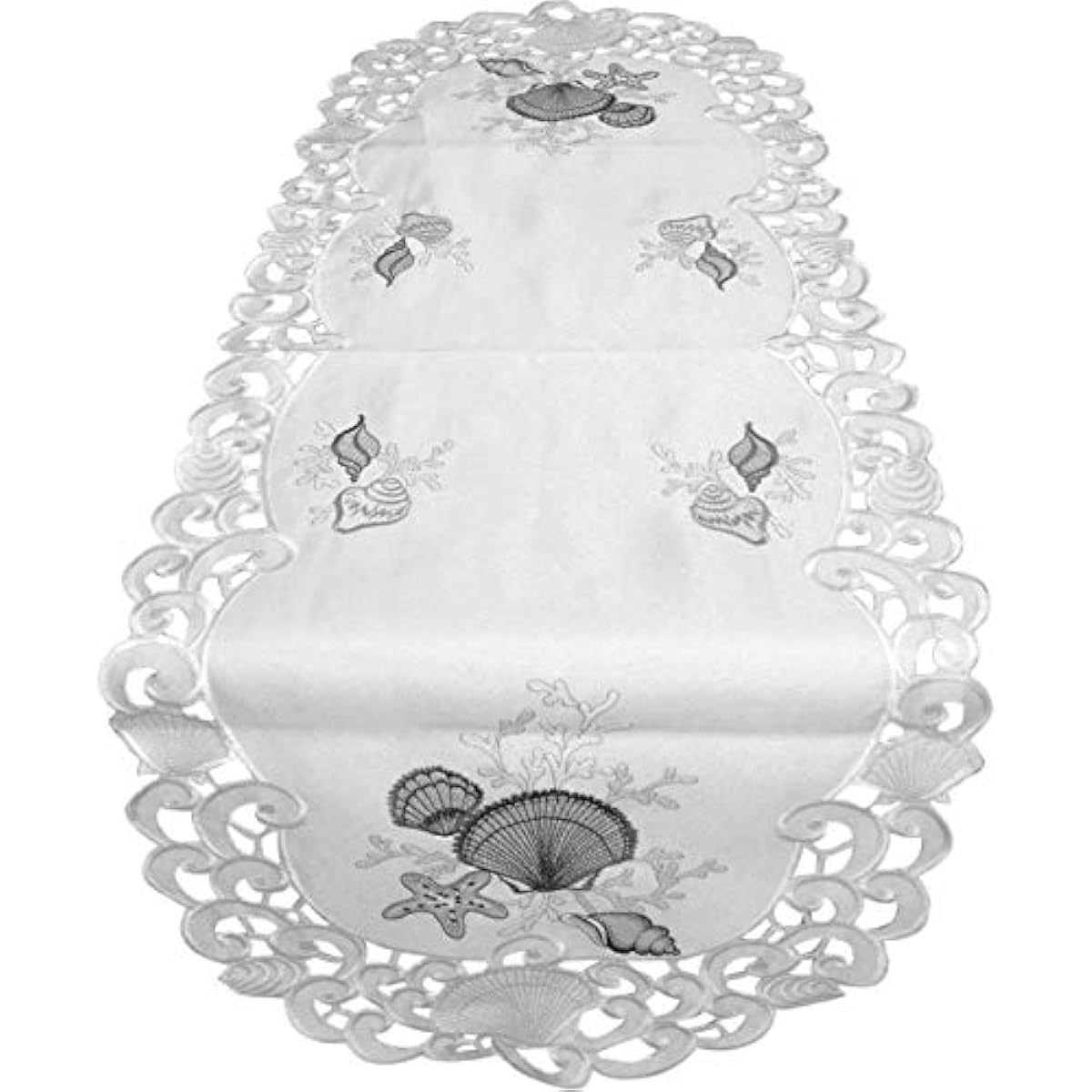 Doily Boutique Table Runner with Blue Embroidered Seashells on Bleached White Fabric, Size 70 x 15 Inches
