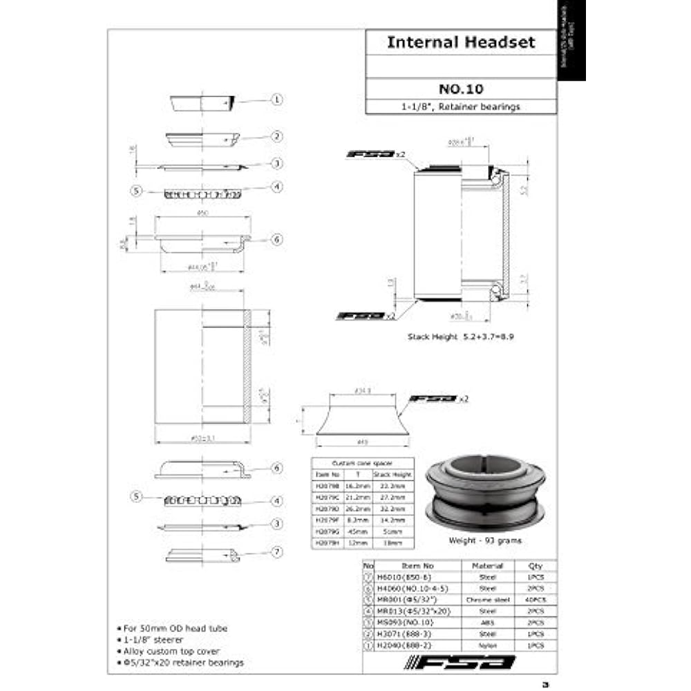 FSA No.10 Semi Integrated/Internal Headset - 1-1/8" 8.2mm Top Cone ZS44# XTE1600