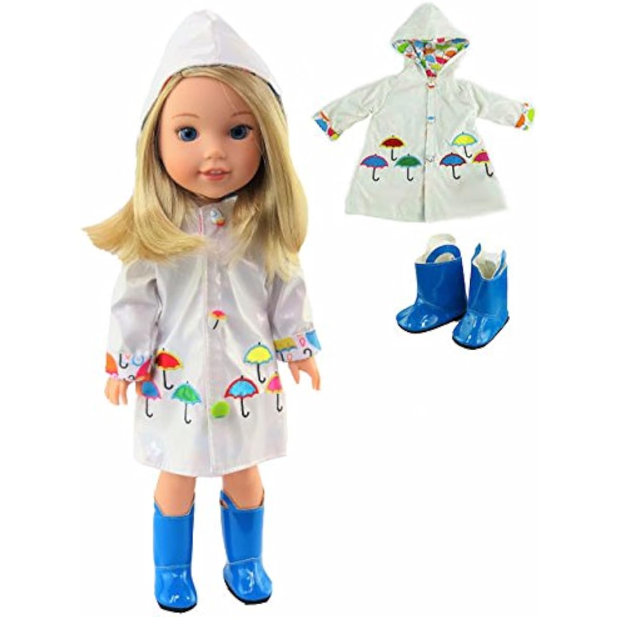 Electric Blue White Raincoat Rain Boots Fits 14" Wellie Wisher Dolls | 14" Inch Doll Clothing