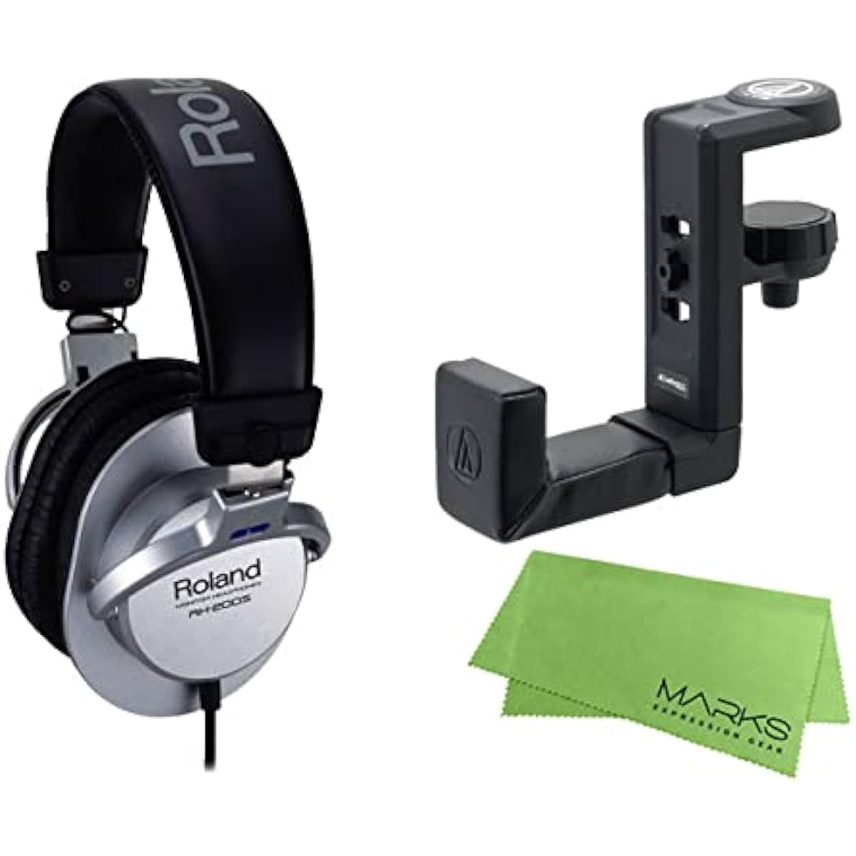 Roland - Stereo Headphones RH-200S Silver + Headphone Hanger AT-HPH300 + Marks Original Cloth Set