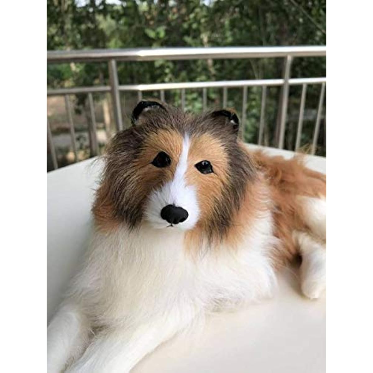 Realistic stuffed dog, collie, sheltie, dog, doll, interior decoration, ornament, animal, cute, decoration, lying down, sitting, object, fur, elegant