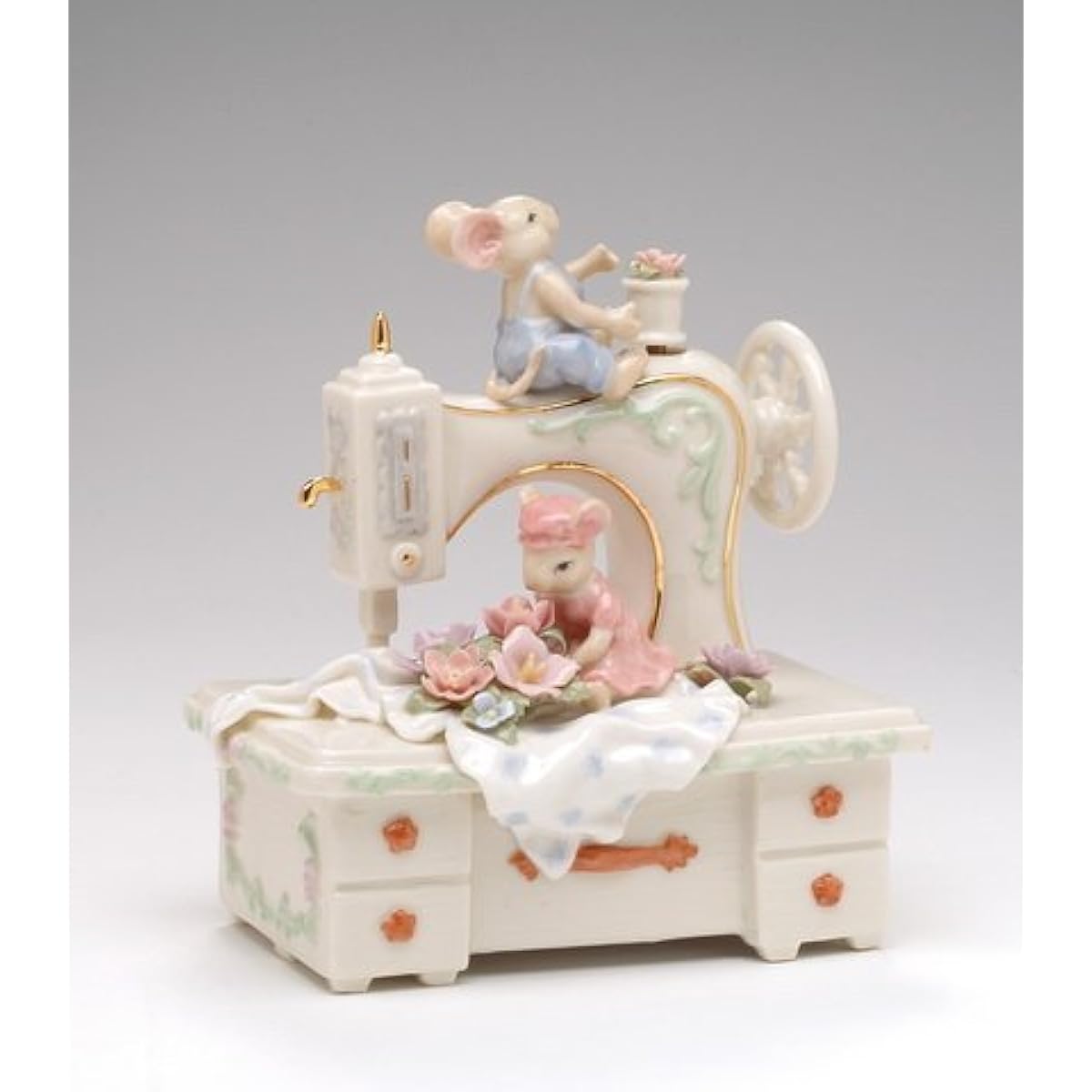 Fine Porcelain Mice and Sewing Machine Musical Figurine 6 " H