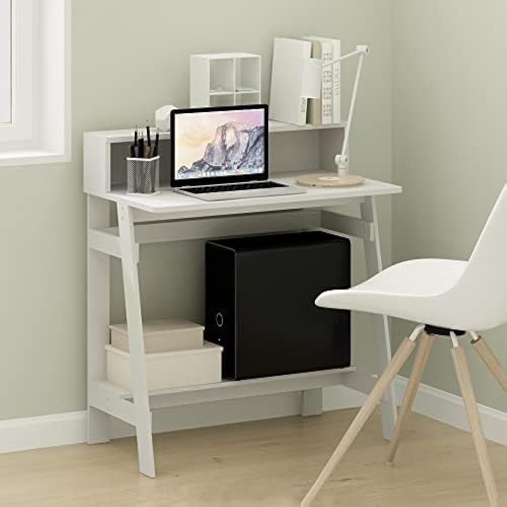 Furinno Computer Desk/Computer Desk/Study Desk A-Shaped Frame with Shelf Simplistic Series Color: White 14054WH