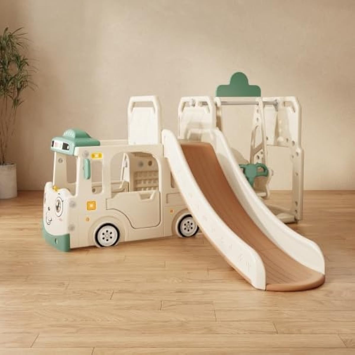 Sue YZ Jungle Gym Natural Wood Bus Slide Indoor Slide Indoor Playground Equipment Kids Children Birthday Gift Toy (White + Green)