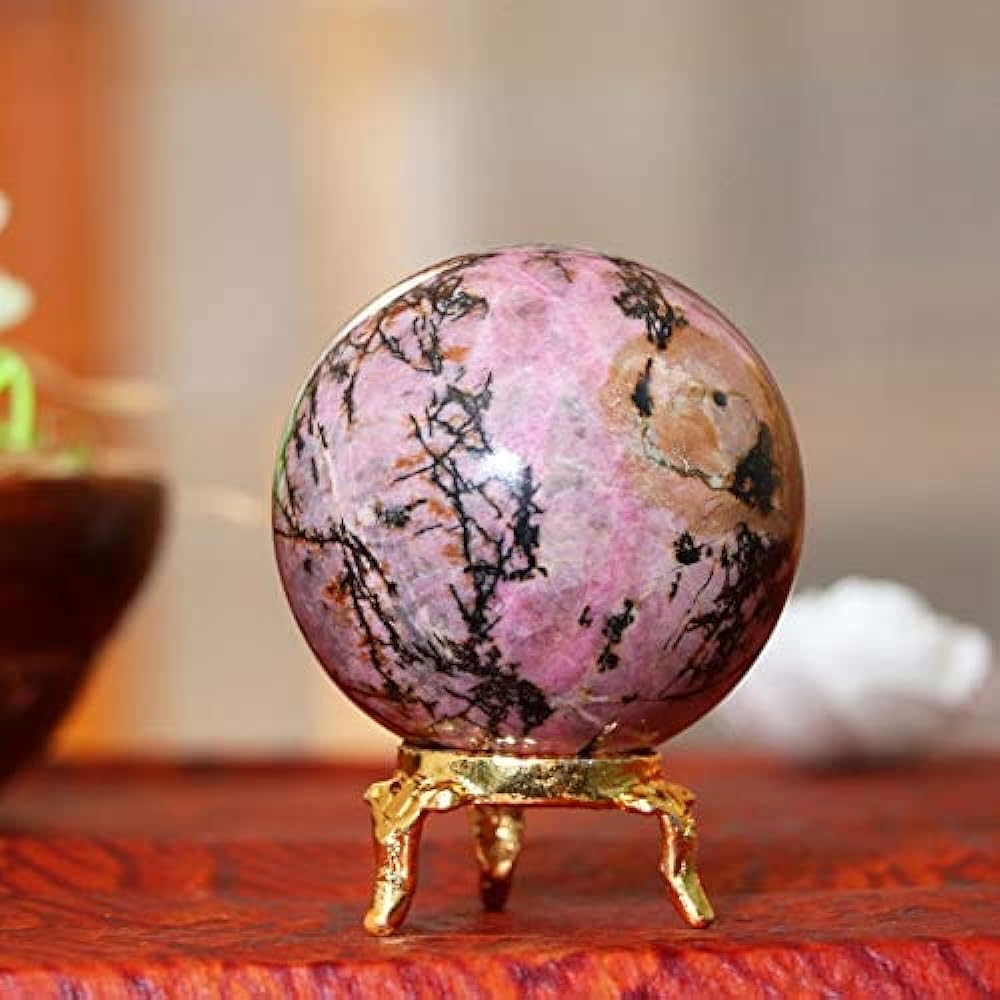 Crocon Rhodonite Stone Ball Gemstone Ball Healing Stone Sphere with Metal Stand Sculpture Feng Shui Figurine Meditation Divination Home Decoration Photo Crystal Sphere Size: 40-50 mm