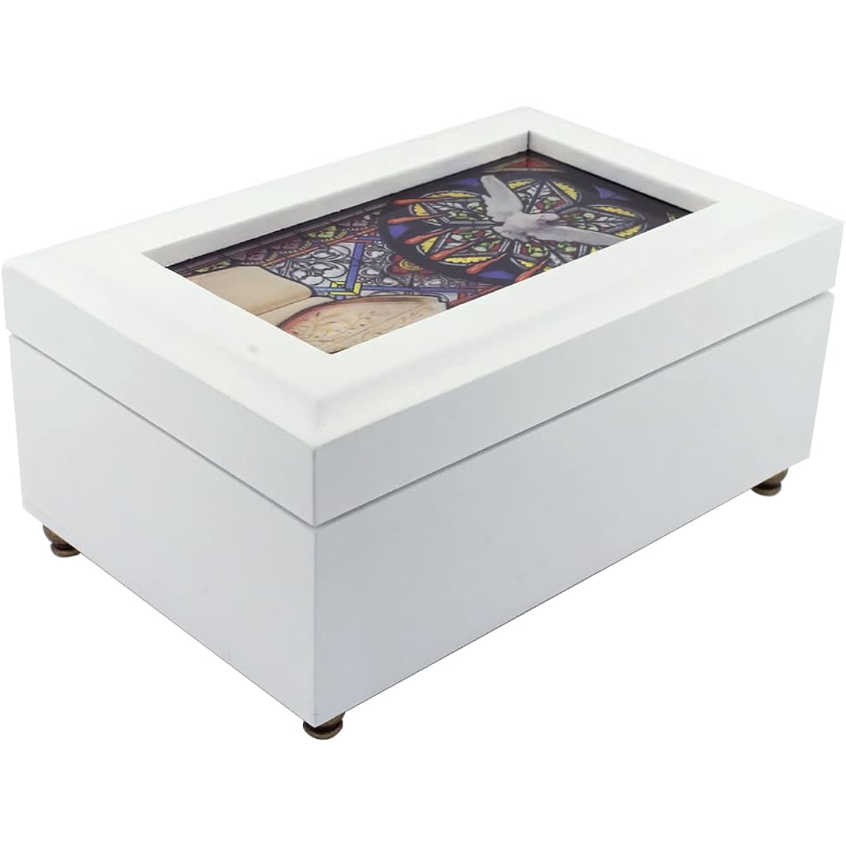 Confirmation Music Box | Beautiful Stained Glass Foil Image of Holy Spirit Dove | Rolls up and opens for music | Velvet Lined Space for Jewelry and Trinkets | Catholic Decor and Keepsake (White)