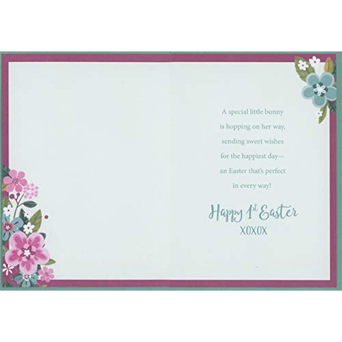 Designer Greetings Closed Eyes Bunny: Pink, Blue, White Flowers Great-Granddaughter 1st: First Easter Card
