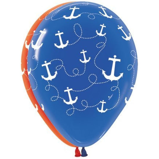 12 Marine Anchor Print 11" Latex Balloon Red & Blue W/White Design Qualatex