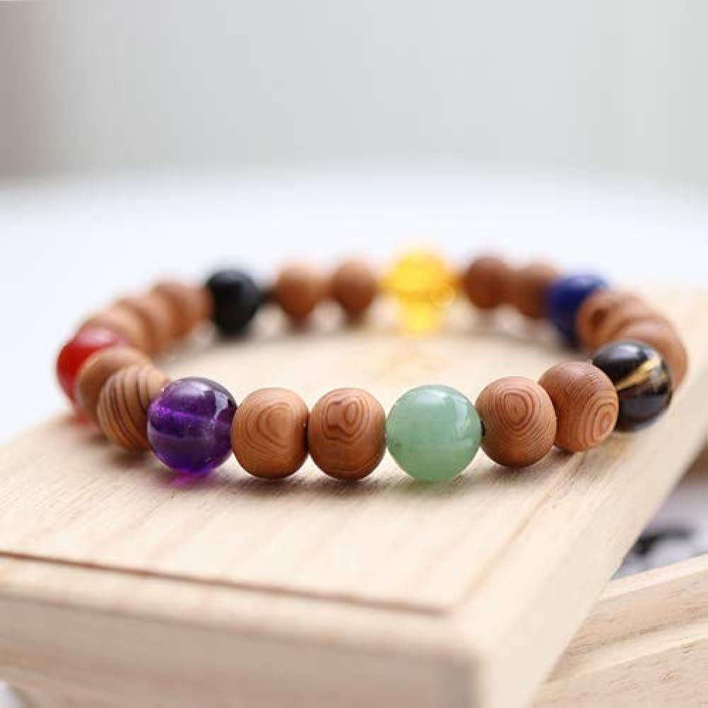 [Nenju dot com] Approximately 10mm Yakusugi seven-colored bracelet with paulownia box [Indian jade, amethyst, agate, onyx, citrine, lapis, brown crystal, warding off evil spirits, 60th birthday, ancient, longevity gift, world heritage Yakushima natural w