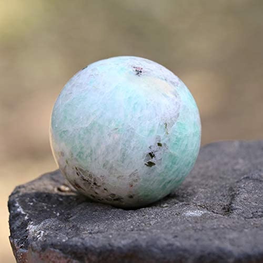 Crocon Amazonite Crystal Sphere and Metal Stand Gemstone Sphere Healing Ball Sculpture Feng Shui Fortune Telling Figure Home Halloween Decoration Photo Size: 50-60 mm