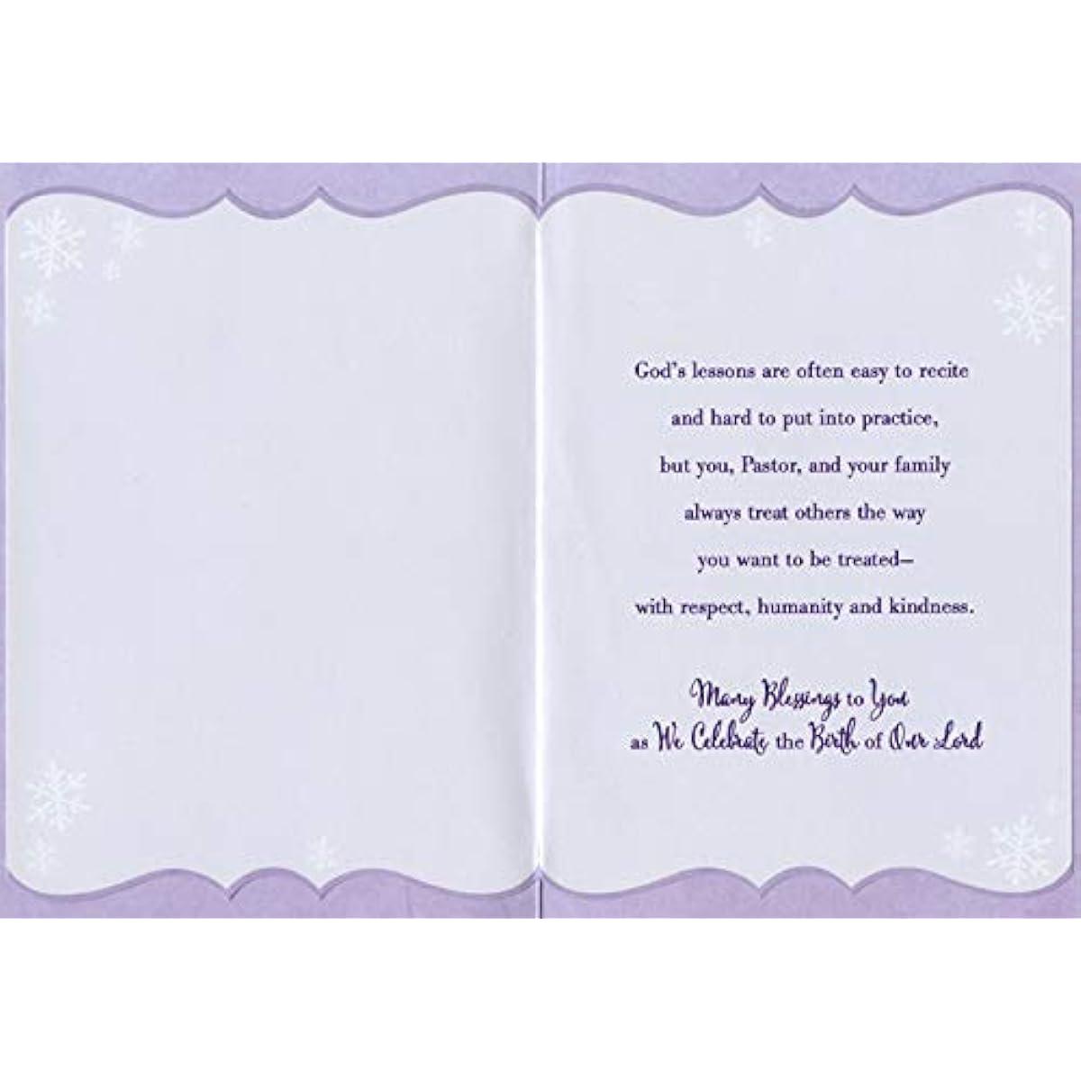 Designer Greetings Purple Church and Evergreen Trees: Falling Snowflakes Pastor and Family Christmas Card