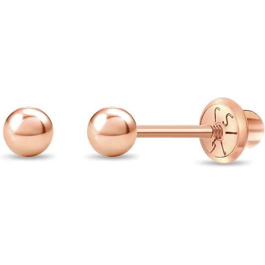 14K Rose Gold Classic Ball Stud Screw Back Earrings for Toddlers & Young Girls - Small Ball Stud Earrings for Young Kids & Preteens - Simple and Elegant Round Screw Back Earrings for Kids