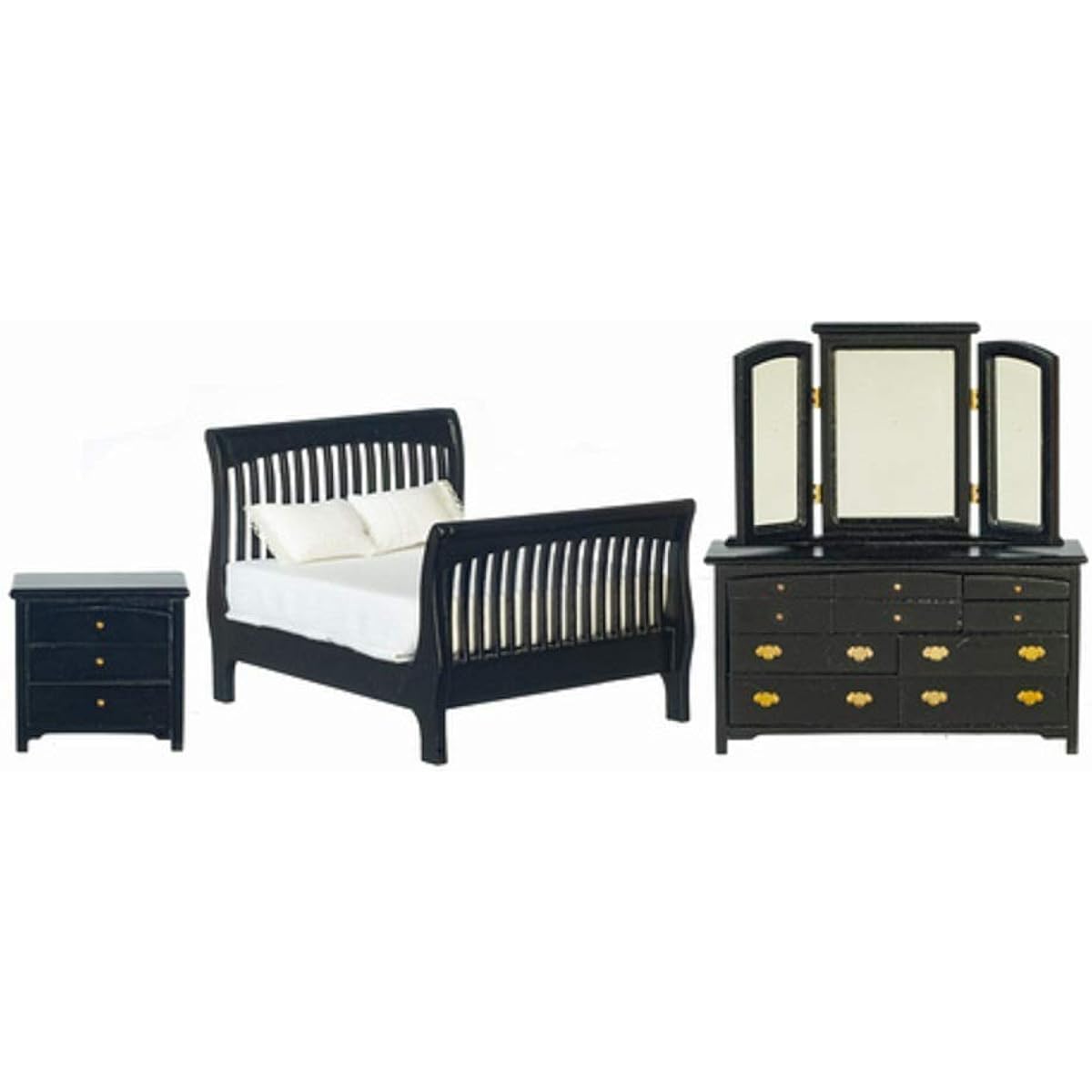 Melody Jane Dollhouse Black Double Bedroom Furniture Set Slat Sleigh Bed 1:12