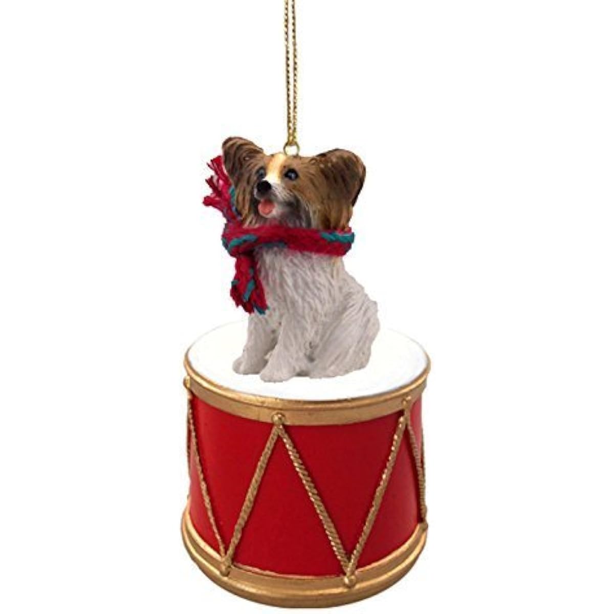 Papillon Brown Dog Sits on a Drum Christmas Ornament w/ Gold String & Scarf DRD47A