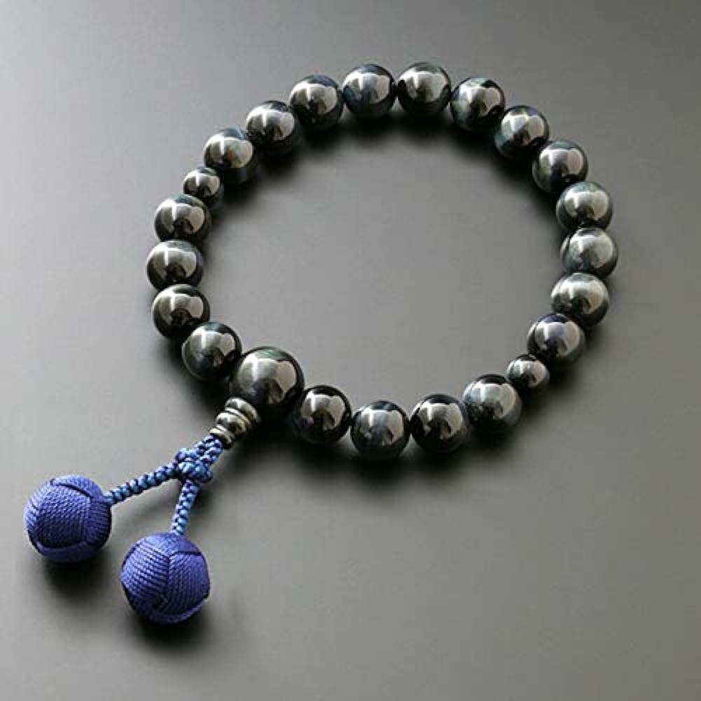 Kyoto Buddhist Altar Hayashi Prayer Beads for Men Pure Silk Kumihimo Sanskrit Tenbo Blue Tiger Eye Stone (20 Beads) [Hawkseye] [Bead Bag Set] M-013 Kyoto Prayer Beads Can be used by all sects.