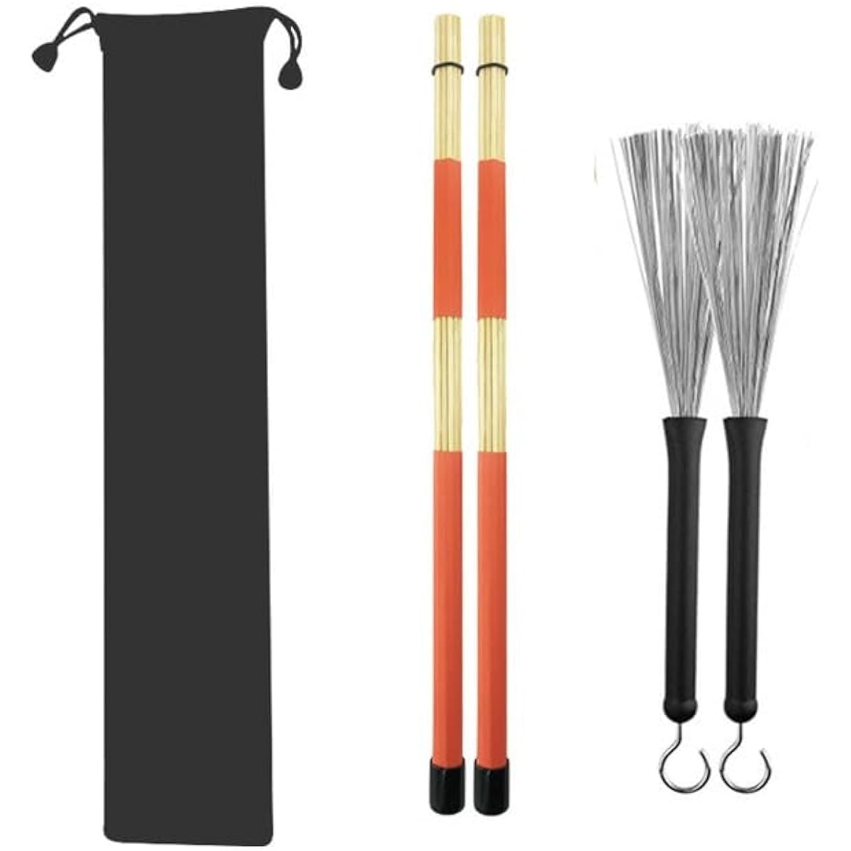 Drumstick Set, 1 Pair of Retractable Drum Wire Brush and 1 Pair of Rod Drum Brush Set for Kids Adults Rock Band Jazz Folk Students with Portable Storage Bag