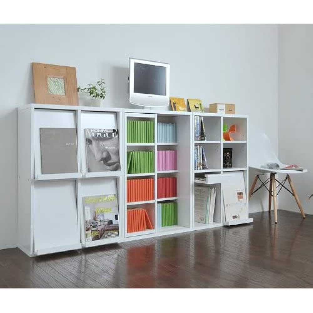 JK Plan Bookshelf Sliding Storage Shelf Rack Shelf Low Type Width 60 Magazine Rack Wooden Shelf Open Shelf 6BOX Series Sliding Bookshelf White FR-049-WH