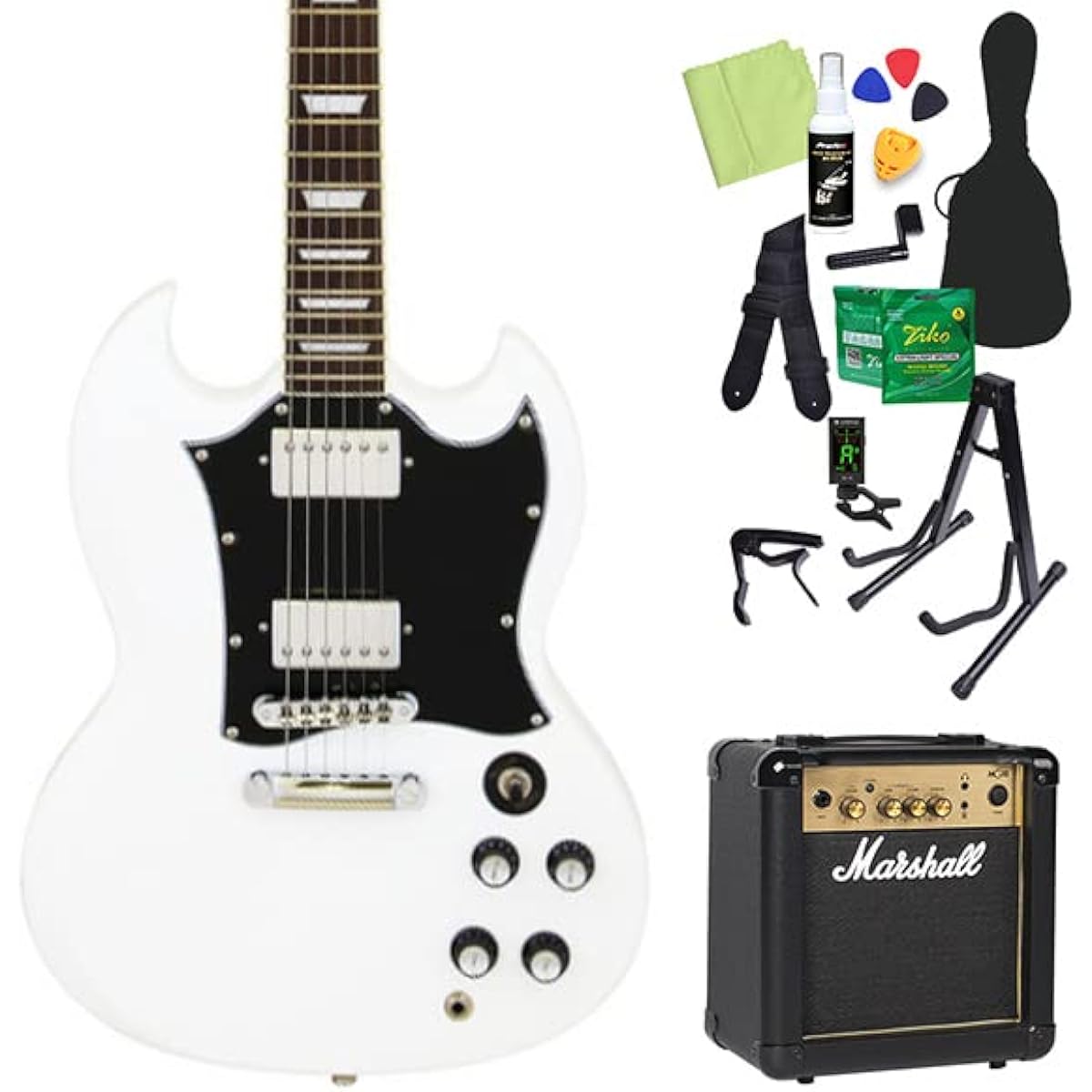 Blitz by AriaProII BSG-STD WH Electric Guitar Beginner 14-piece Set [Includes MG10] SG Type White Blitz
