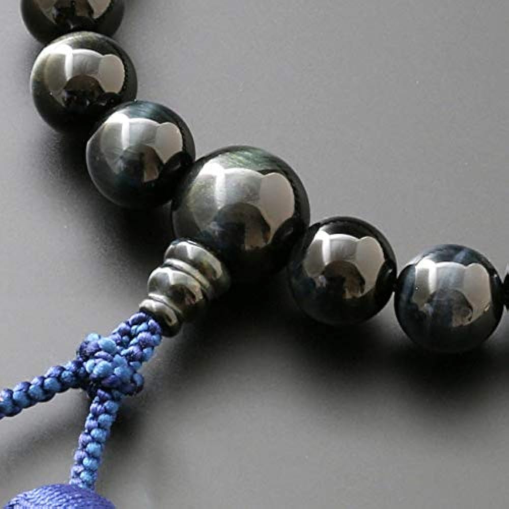 Kyoto Buddhist Altar Hayashi Prayer Beads for Men Pure Silk Kumihimo Sanskrit Tenbo Blue Tiger Eye Stone (20 Beads) [Hawkseye] [Bead Bag Set] M-013 Kyoto Prayer Beads Can be used by all sects.