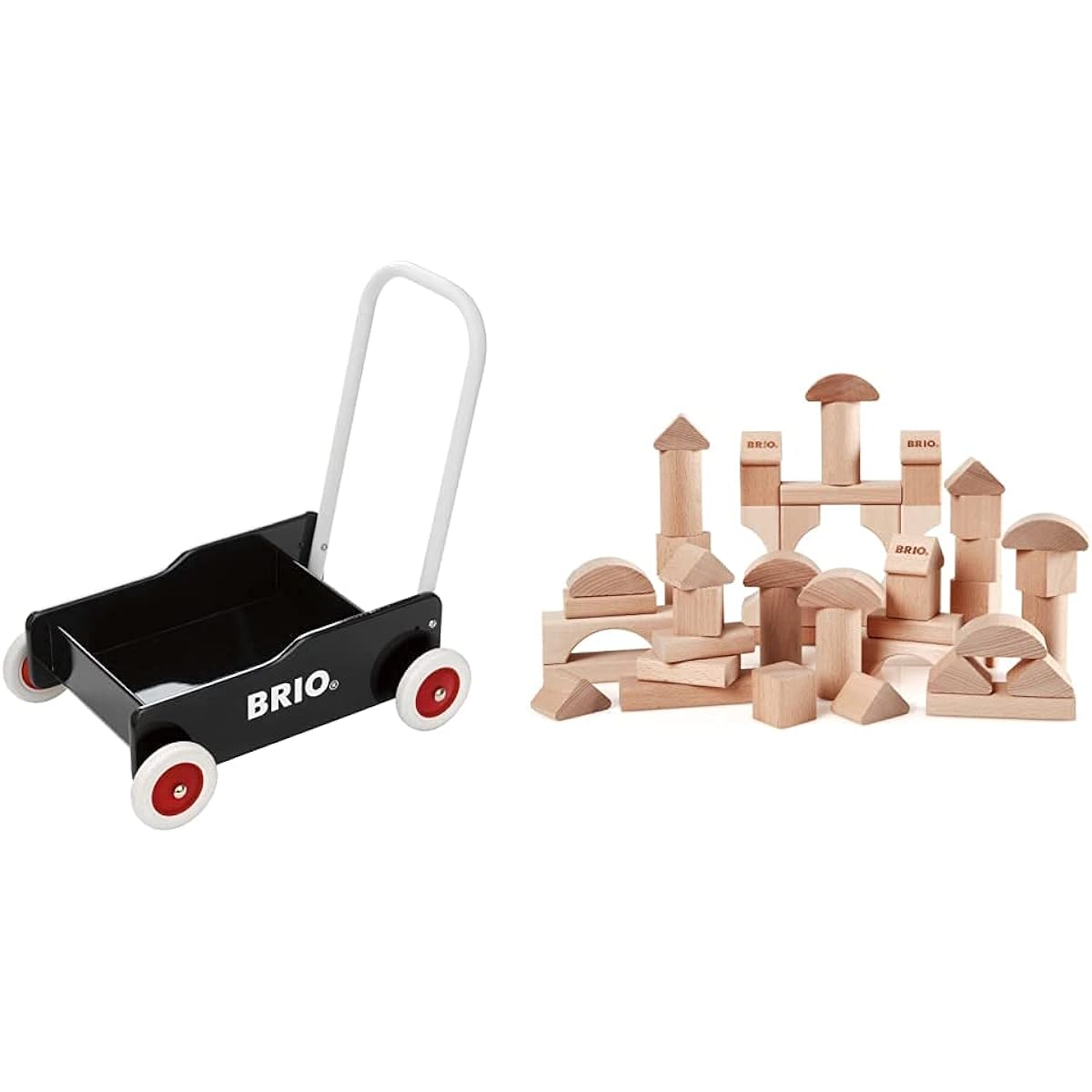 BRIO Wheelbarrow, Black, Target Ages 9 Months~ (Katakata Wagon Toy, Wooden Toy, Educational Toy, Walking Practice) 31351 & Tsumiki 50 Pieces 30113 [Set Purchase]