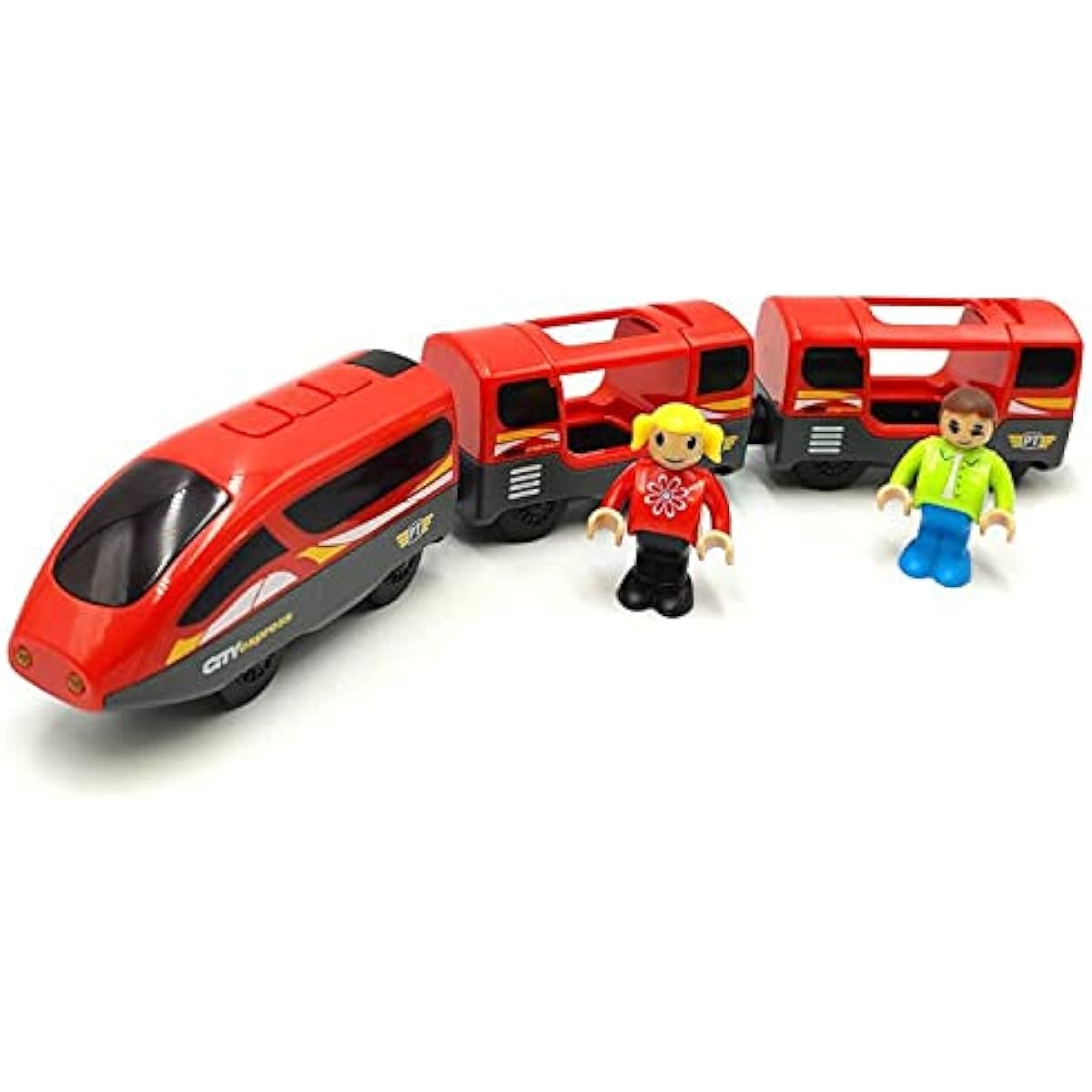 DSHMIXIA Battery Operated Train Wooden Train Track Set Locomotive with Lights for Toddlers 3 4 5 Year Old Boys Red High Speed Magnetic Coupling Passenger (No Batteries)