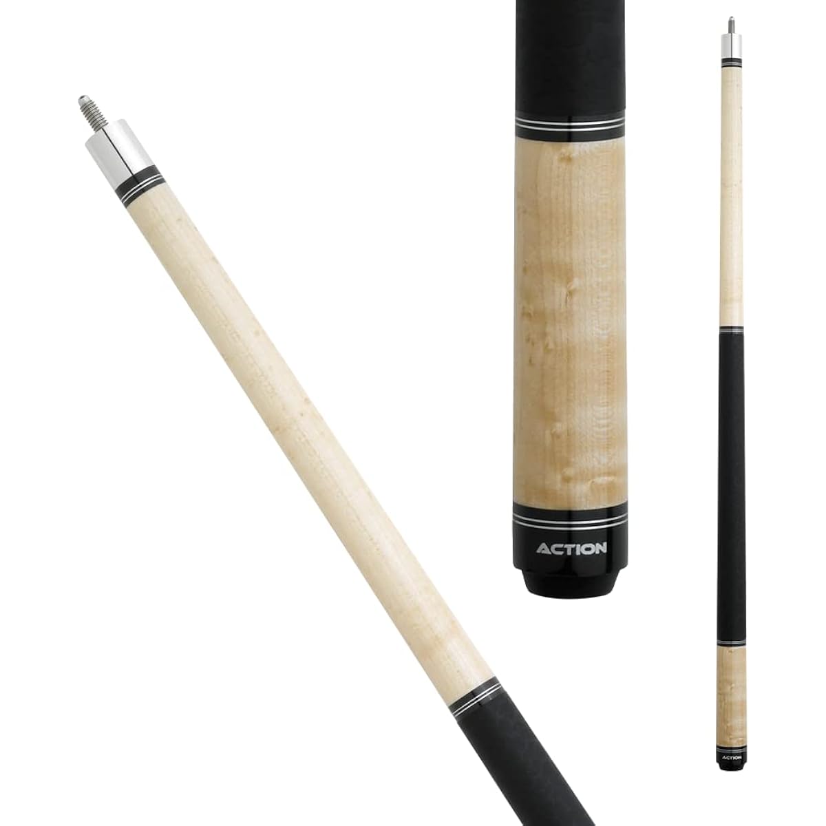 Action RNG01 Blonde Birdseye Maple Pool Cue Stick 58" Long with Black Faux Leather Wrap Grip and Double Silver Rings Black Rubber Bumper