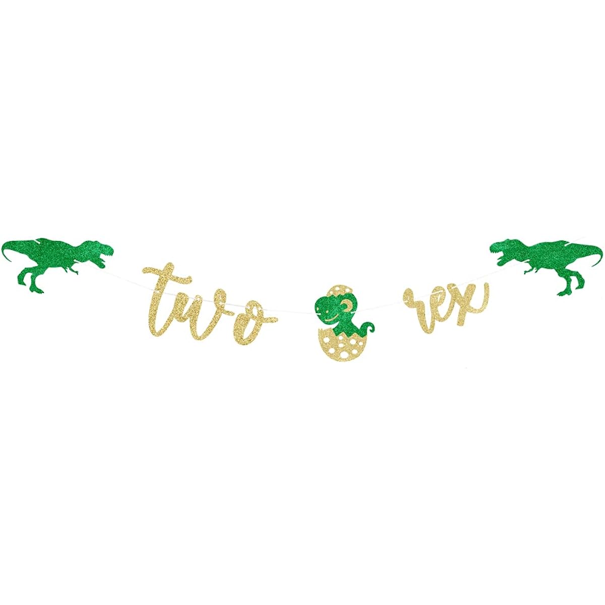Kaoenla Dinosaur Rex Banner Green Glitter Creative Dinosaur Banner 2nd Birthday Decorations Dinosaur Theme Kids Party Decoration Supplies (2 Rex)