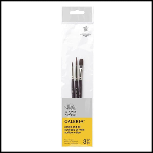 Winsor & Newton Galleria Pack Short Handle 3 Pack Acrylic Paint Brushes, Black