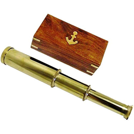 9 Inch Handheld Brass Telescope Nautical Sea Pirate Spyglass Wooden Box with Anchor Rustic Vintage Home Decor Gift