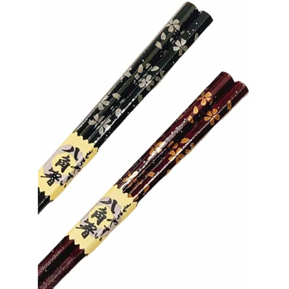 Couple chopsticks, Octagonal Sakura, Black, Red, Designed with paulownia box and wrapping, Gift for parents, Mother's Day, Father's Day, Dad, Mom [116]