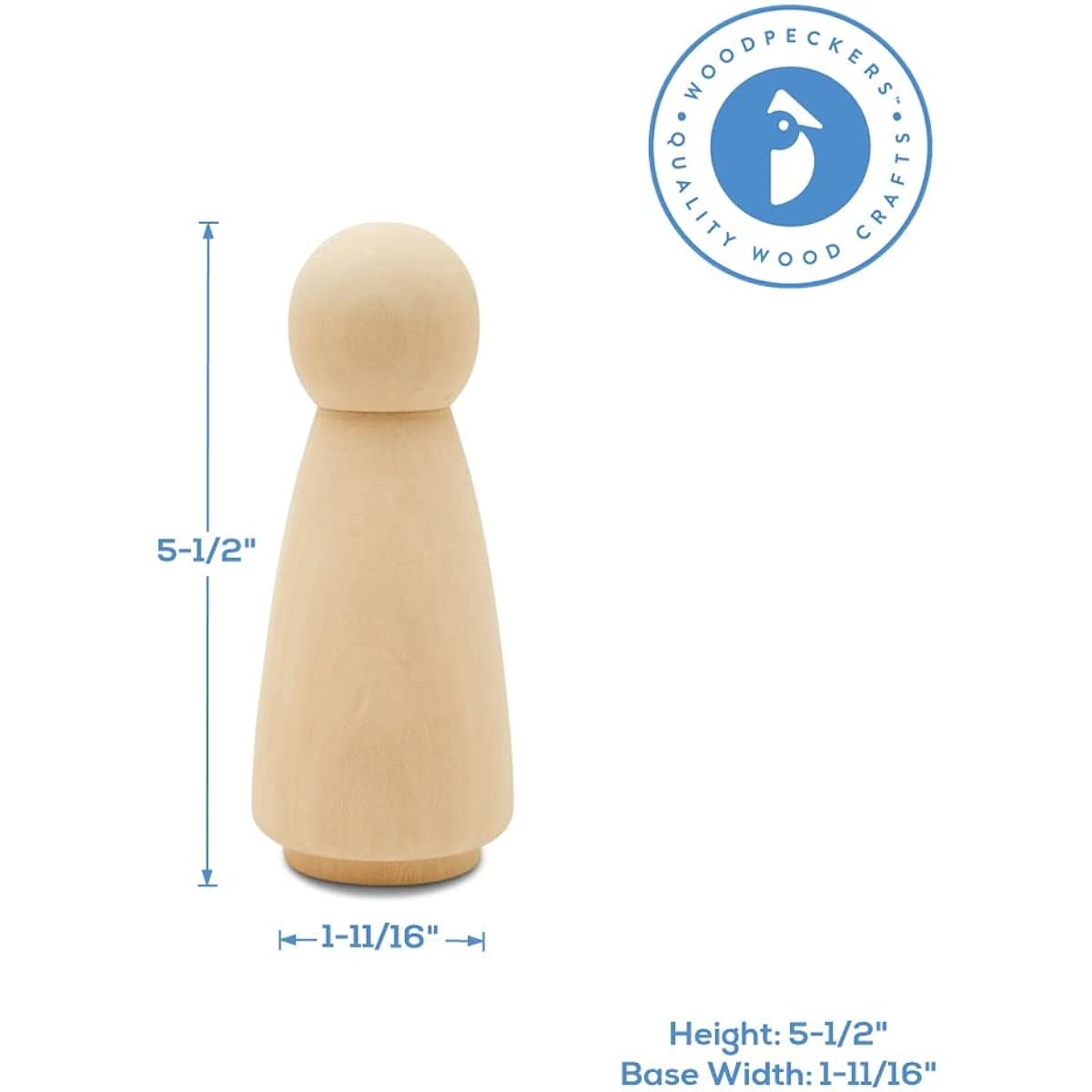 Woodpeckers Large Wooden Peg Dolls 5-1/2 Inch Mommy/Angel Shape Peg People Birch Unpainted Wood Dolls Pack of 5