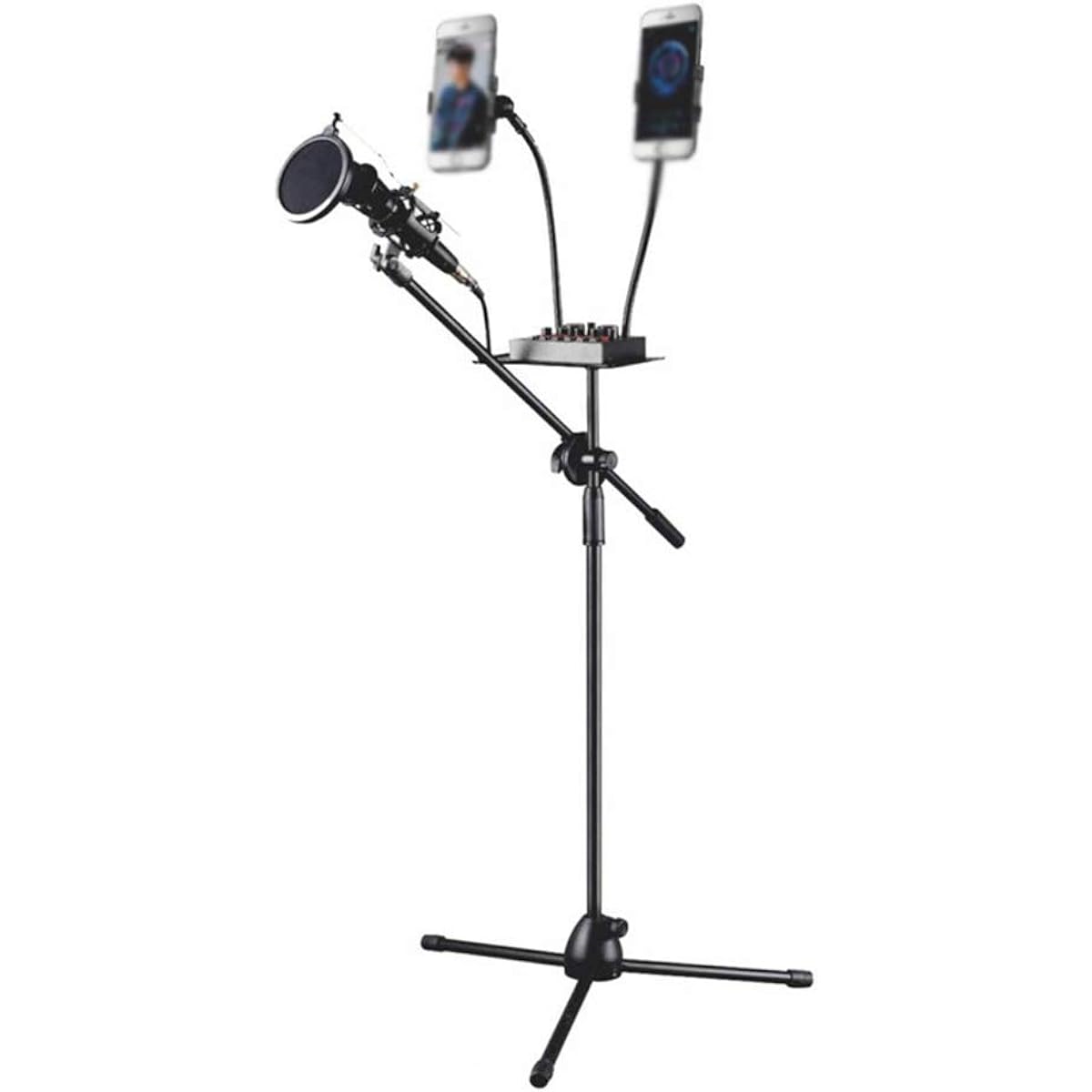Desktop Microphone Stand Microphone Stand Landing Lift Microphone Live Stand Sing Dual Mobile Phone Conference Seminar Live Speech (Color: Black, Size: 75-140cm)