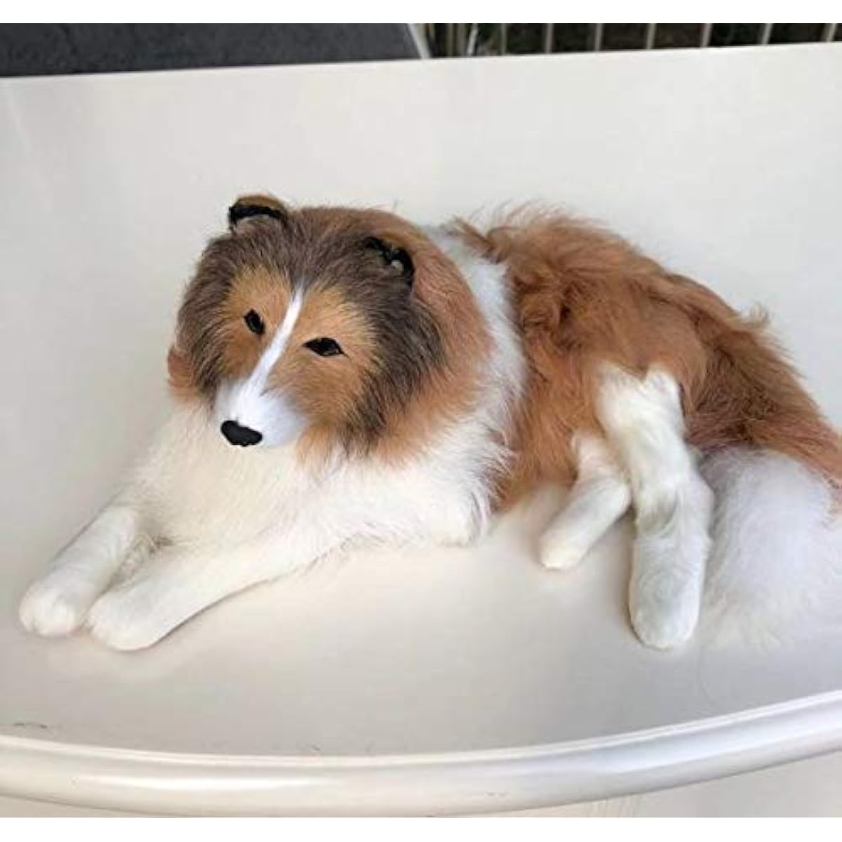 Realistic stuffed dog, collie, sheltie, dog, doll, interior decoration, ornament, animal, cute, decoration, lying down, sitting, object, fur, elegant