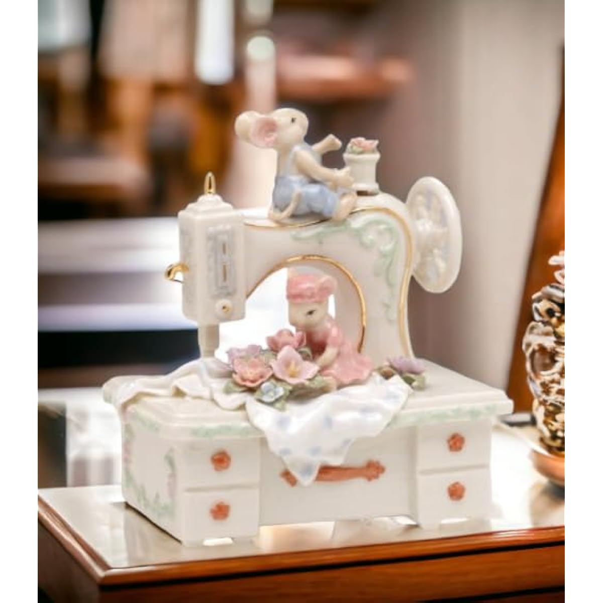 Fine Porcelain Mice and Sewing Machine Musical Figurine 6 " H
