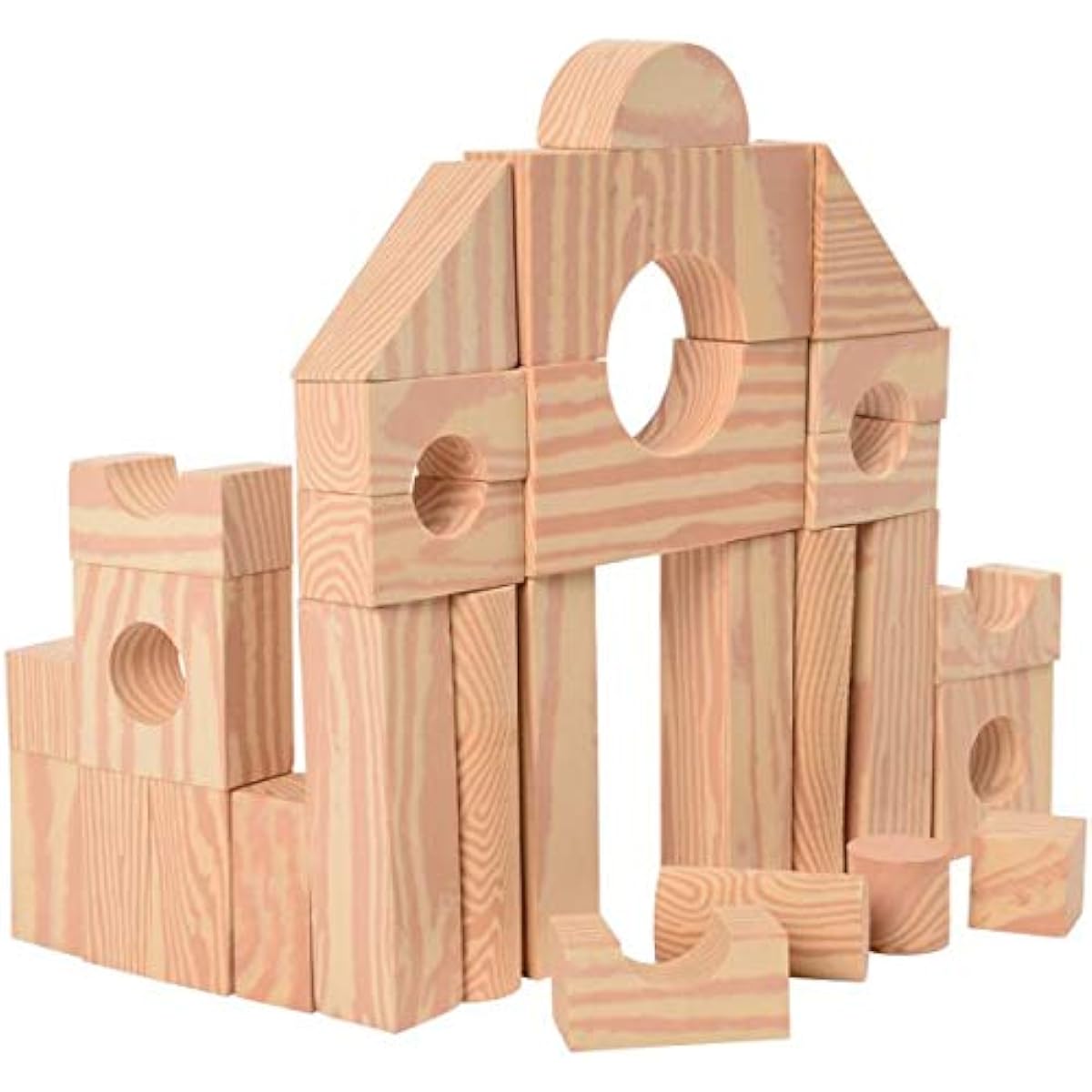 Constructive Playthings Wood Look High Density Foam Building Blocks 100 Piece 13 Shape Set with Storage Bag, Ages 3+
