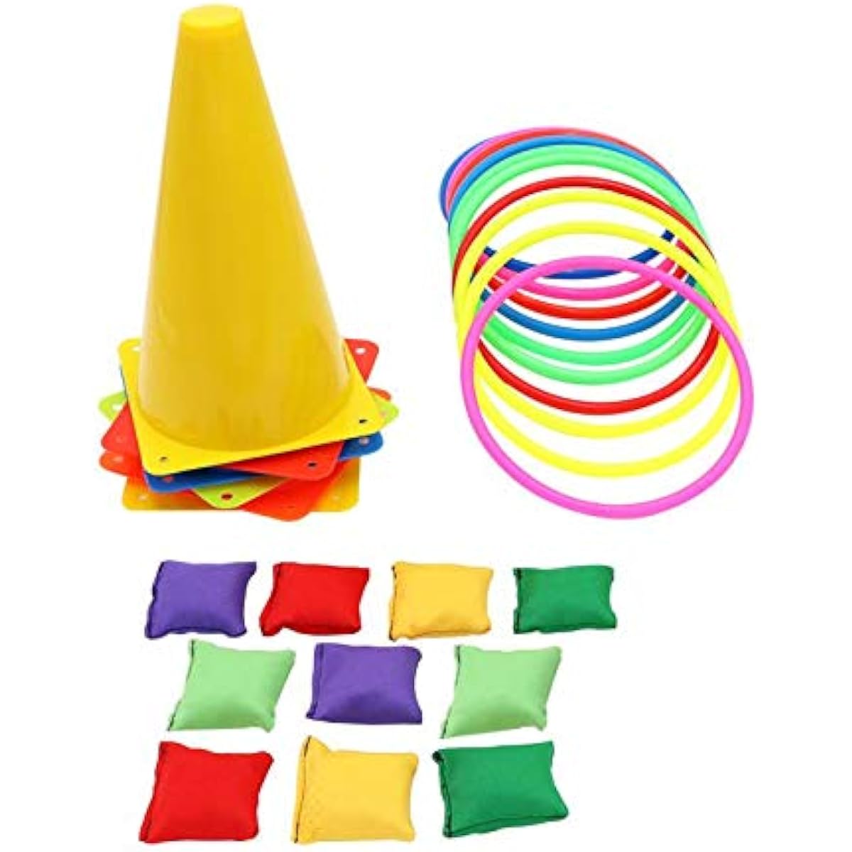 Aizhuang 3 in 1 Ring Toss Game Carnival Combo Set Soft Traffic Cone Bean Bags with Plastic Multicolor Throwing Circle Activity Rings for Kids Outdoor Indoor Speed and Agility Practise Games